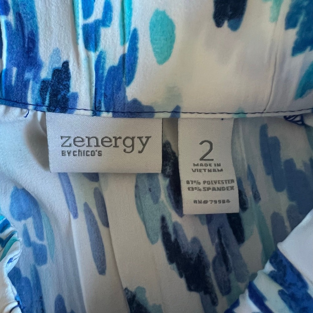 Zenergy by Chicos Blue White Abstract Ikat Pleated Zip Up Jacket Womens 2 Large - Picture 5 of 9